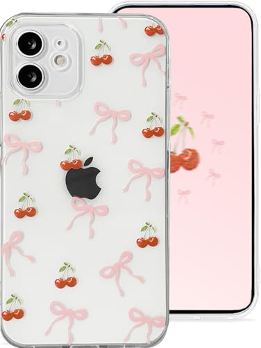 Draamvol for iPhone 11 Case, Clear Cute Cherry & Bowknot Pattern Slim Soft TPU Shockproof Phone Case Transparent Anti-Yellowing Protective Cover for Women Girls, Bow Cherry