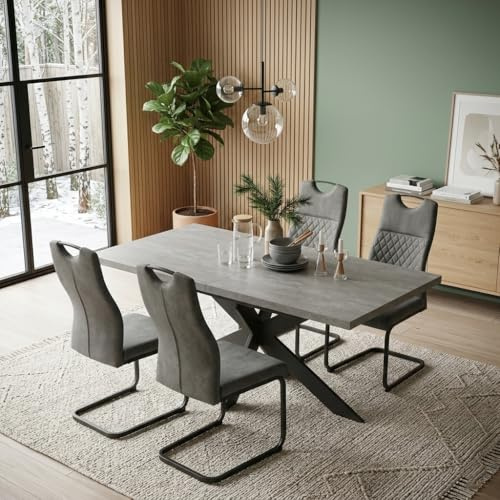 Juego de 4 mesas de Comedor Extensibles, 130 x 170 cm, 4 sillas de Tela, Tablero Rectangular de MDF de Cemento, Estilo Moderno y contemporáneo para Comedor y Cocina
