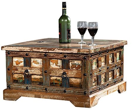 The Wood Times Couchtisch Tisch Massiv Vintage Look Delhi Holz FSC Recycled, LxBxH 70x70x40 cm