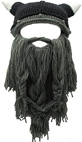 YEKEYI Wikingerbart-Mütze, Horn, Winter, warme Maske, gestrickte, lustige Kappe aus Wolle, Horn Dgray, Einheitsgröße