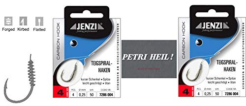 Set: 2 Packungen JENZI Teigspiralhaken Forellen-Haken, Teighaken gebunden (8 Stück) Hakengröße 2, 4, 6, 8 &10 + gratis Petri Heill! Aufkleber