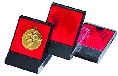Henecka Etui mit Klarsichtoberteil • Aufstelletuis für Medaillen Ø 5, 6 +7 cm mit Fläche für Gravurschild in Gold, Silber oder Bronze (rot)