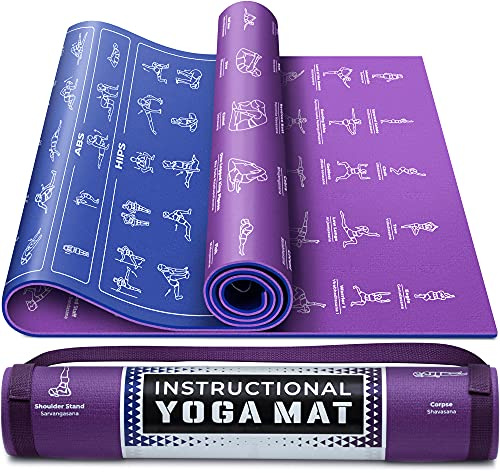 Yogamatte mit Tragegurt: niedliche Yogamatte mit 75 illustrierten Yoga-Posen + 75 leicht befolgten Dehnübungen – 0,6 cm dicke, ungiftige, rutschfeste Yogamatten für Damen und Herren