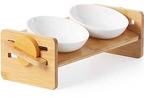 FUKUMARU Gamelles surélevées en céramique pour Chat - pour Petit Chien - Inclinables à 15° - Support d'eau en Bambou Massif pour Chats et Chiots