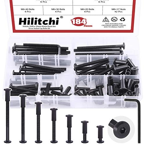 Hilitchi 84Pcs M6 Hex Drive Socket Cap Bolts Kit - Countersunk Head, Dowel Barrel Nuts, Crib Bolts Nuts Assortment for Furniture Hardware Fitting (20/30/40/50/60/70/80mm)