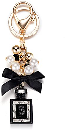 Parfümflasche Diamant Schlüsselanhänger Schleife Knoten Perlen Handtasche Personalisiert Schlüsselanhänger für Frauen Geldbörse Mädchen Auto Schlüsselanhänger - Schwarz - Large