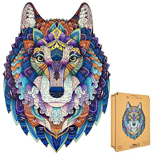 Lubiwood Unique Shaped Wild Wolf Wooden Puzzle (29x21 cm) - 145 Intricate Pieces, Includes Wood Gift Box - An Ideal Engaging Gift for Adults