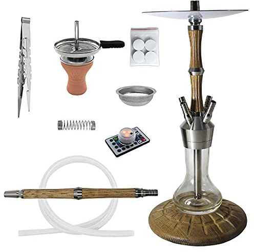 Shisha King | Skynet® Shisha Enzo aus Holz & Edelstahl mit 4 Schlauchanschlüssen, Set mit Zubehör, Tabakkopf, Schlauch & Mundstück | Naturalwood