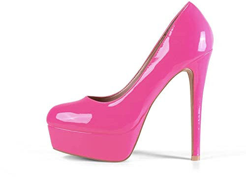 Zhabtuc Scarpe col Tacco Donna Decolletè Plateau Sexy Stiletto Tacchi a Spillo Piattaforma 14CM Punta Tonda Elegante Tacchi Alti in Vernice, Rosa Fluorescente, 38.5 EU