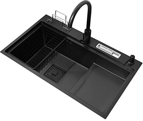 Kitchen Sink Fregaderos De Cocina, Fregadero Individual De Acero Inoxidable 304 Cuadrado Negro, con Fregadero De Preparación De Barra De Grifo Big Bend (Color : Black, Size : 82x46cm)