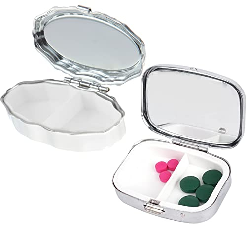 YATEICBC 2-teilige Pillendose aus Edelstahl, Pillendose mit zwei separaten Fächern – Pillendose für Reisetabletten – silberne Box, rechteckig und gewellt