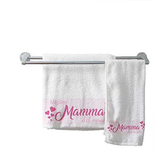 Set 2 asciugamani bagno personalizzati 100% cotone Idea Regalo Festa della Mamma Donna Natale made in Italy asciugamano viso e ospite bianco con stampa personalizzata bagno doccia biancheria casa 2