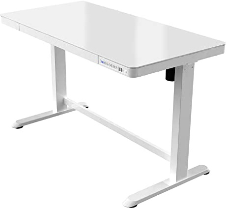 Allcam ED20 Electric Height Adjustable Standing Desk w/ 1200x600mm Glass Top, Drawer & Fast USB Chargers in White
