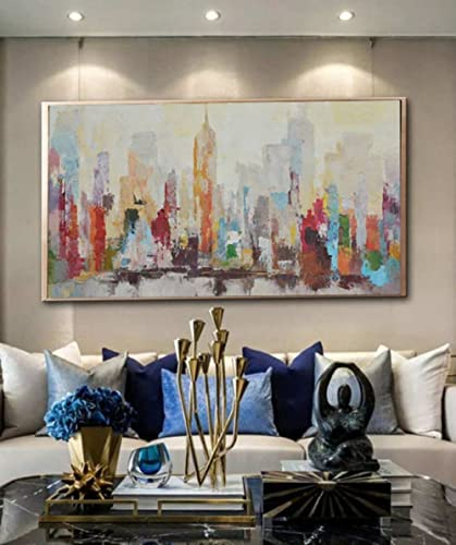 Ölbilder Auf Leinwand Handgemalt,Handgemalte Abstrakte New York City Landschaft Kunst Ölgemälde Auf Leinwand Wohnzimmer Restaurant Veranda Modernes Dekor Wandkunst Bild Kein Rahmen, 30X60Cm (12X24