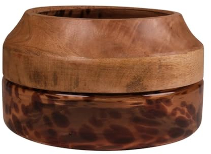 INNA-Glas Glasschale RUSSELL mit Mangoholz, Leopardenmuster, braun-klar, 13,5cm, Ø23cm - Pflanzschale