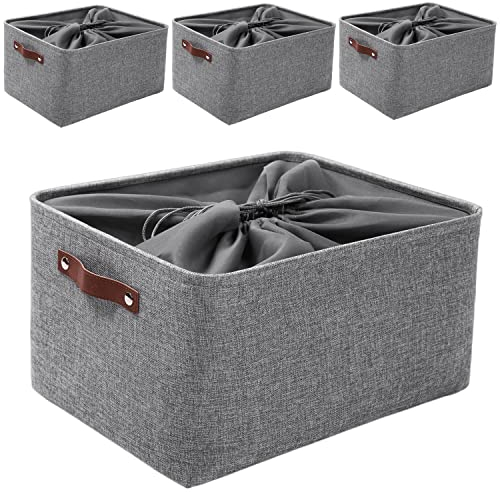 Mangata Storage Boxes with Drawstring,[4 Pack] Canvas Fabric Thickened Storage Basket for Pillow, Quilt, Shelf (XLarge, Grey)