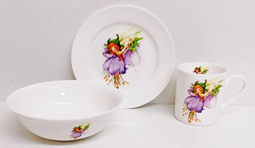 Floral Fairy Violet Purple Breakfast Set 3 Pieces Plate Mug & Cereal Bowl Fine Bone China Kids Children Fairies & Flowers Hand Decorated UK