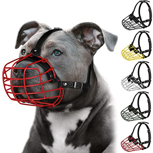 Pitbull Maulkorb für Hunde, Metallmaske, Amstaff sicherer Drahtkorb, verstellbar, langlebig, Lederriemen für große Hunde, Rot