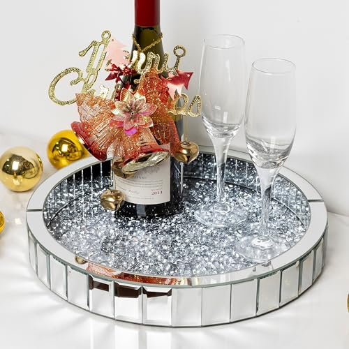 BlingWorld 14 Round Silver Mirror Decorative Tray, Glam Geometric Serving Tray with Crushed Diamond, Glass Material for Occasions