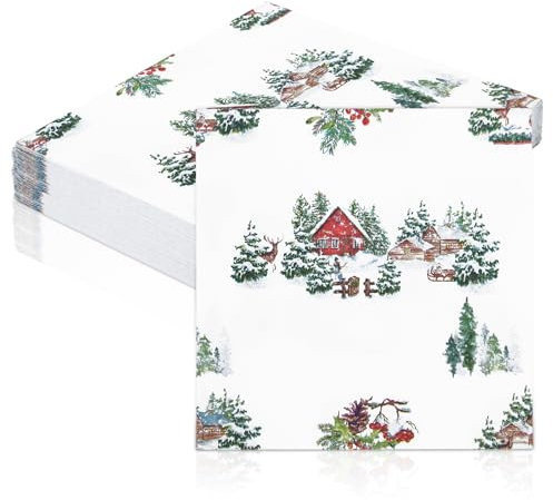 Servietten Weiß Papier Serviette Verschneite Weihnacht 50 Stück 33x33cm Party Servietten für Weihnachtsferien New Year Parties