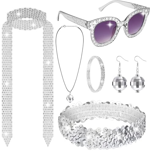 Nswayy 6 Stück Discokugel Spiegelkugel Schmuck Set Ohrringe Halskette Armband Strass Sonnenbrille Haarband Disco Accessoires für Party Karneval 70er 80er Jahre Kostüm Zubehör für Damen Herren
