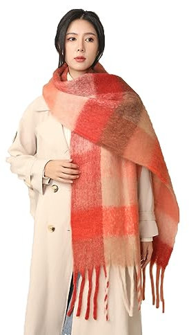 Damen Schal, Kariert übergroßer Winter SchaltuchKaro Schultertuch Plaid Deckenschal Modeschal Weich Warm Strickschal Oversized Herbstschal Warme Winter Stola mehrfarbig,Rosenrot