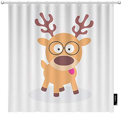 Rentier Duschvorhang Cartoon Niedliches Tier Hirsch mit Brille Schnee Weihnachten Neujahr Stoff Duschvorhang mit Haken für Badezimmer für Männer Frauen Dekor Polyester 183 x 213 cm