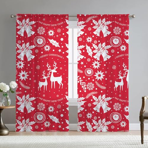 Fereyis Weihnachtselch-Vorhänge für Wohnzimmer, 213,4 cm Länge, 2 Paneele, weißes Rentier, Schneeflocke, bedruckt, Fenstervorhang, natürlich, halbtransparent, Chiffon-Vorhänge für Schlafzimmer