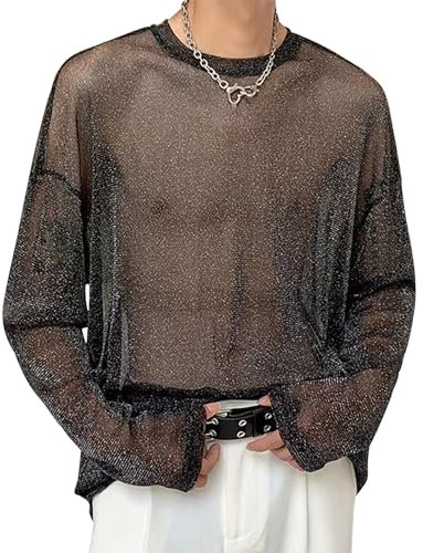 AIEOE Men's Shiny Sheer Long Sleeve T-Shirt See-Through Tops Mesh Hollowed Out Shirt Glitter Black 07 UK Size XXL/Label Size 4XL