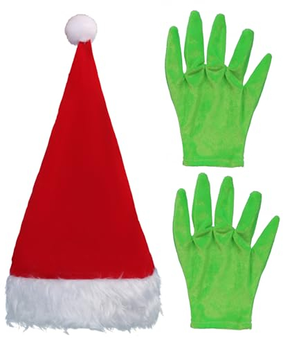 OhMill Erwachsene Grünes Monster Weihnachtskostüme Weihnachtsmann Kleidung Weihnachtspelz Grinch Kostüm für Cosplay, Weihnachtsfeier (Handschuhe und Mütze)