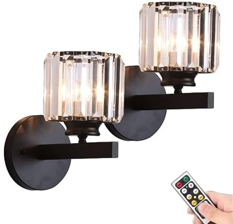 ANUOMY Battery Operated Sconces Wall Lighting 2 Pack,Non Hardwired Rechargeable Wall Lights Fixture with Remote,Modern Glass Shade Wall Lamp Black for Bathroom Bedroom Living Room Fireplace