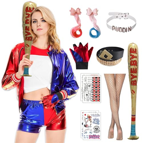 Alaiyaky Quinn Kostüm Harley, Karnevalskostüm, Damen, Quinn, Kostüm mit Jacke, T-Shirt, Shorts, Handschuh, Perücke, Gürtel, Ball, Strümpfe, Tattoo, Harley-Kostüm für Halloween (Damen, S)
