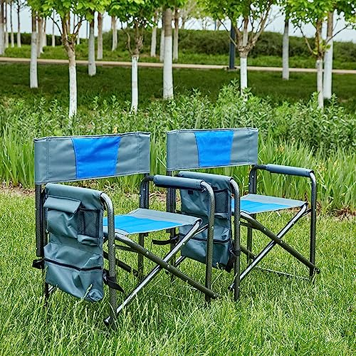 Ajikgn, leicht, übergroßer Regiestuhl für Camping 2-teiliger gepolsterter Klappstuhl für den Außenbereich mit Aufbewahrungstaschen, Legierter Stahl, Blau+Grau