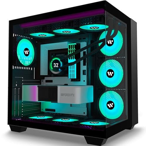 KEDIERS Case PC - preinstallati 9 ventole ARGB, ATX Mid Tower Gaming Case, con doppio vetro temperato a tutta altezza per computer, H9 (nero)