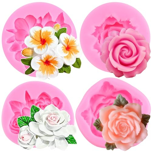 RFGHAC Blume Silikonformen Hibiskus Plumeria Rose Blume Fondant Silikonformen für Kuchen Dekorieren Cupcake Topper Polymer Ton Süßigkeiten Zucker Handwerk Schokolade Gummi Paste 4 Stück, ZB186CK