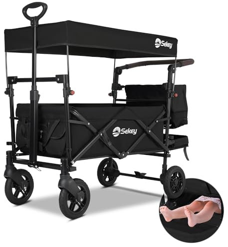 Sekey Kids Folding Handcart Wagon with Removable Canopy, Versatile Foldable Transport Trolley for Family Outings Including Shockproof PU Wheels, 220LBS(100KG) Weight Capacity, Push Handle, Black