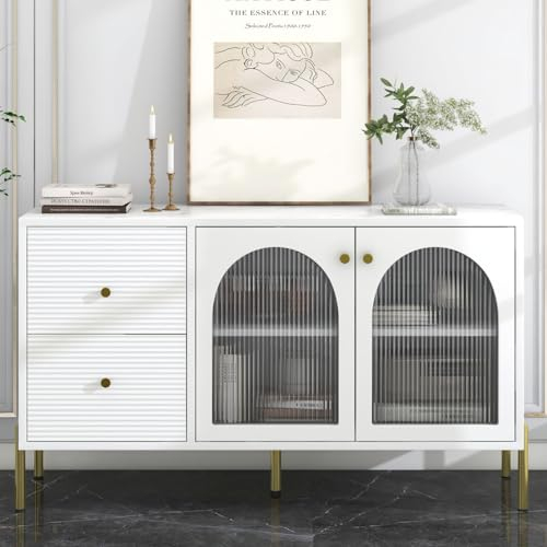 KOMHTOM Buffet moderne, blanc, avec boutons dorés et pieds en métal, armoire revêtue de verre, armoire multifonctionnelle, avec deux portes et deux tiroirs, pour chambre à coucher, salon (B)