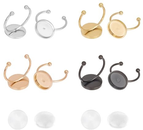 GOMAKERER 16 Stück 4 Farben Leere Cabochon-Ringe Und 16 Stück Glas-Cabochons, 304 Edelstahl-Rohling-Kuppel-Ring-Set Mit Offener Manschette Und Tablett 12mm Für Die Herstellung von Fingerringen