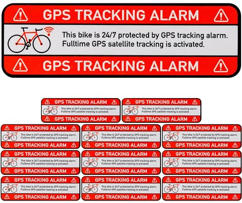 Aufkleber Set BIKE GPS TRACKING ALARM!, 12 Stück, 67 x 21 mm, selbstklebende Folie, außenklebend, Fahrrad Warnhinweis Sticker für Außenbereich, Diebstahlschutz Zweirad, Klebesticker alarmgesichert