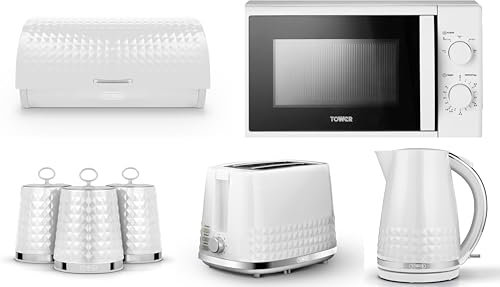 Tower Solitaire White 1.5L 3KW Jug Kettle, 2 Slice Toaster, T24034WHT 700W 20L Microwave, Bread Bin & Canisters Set. Matching Modern Design Kitchen Set of 7 in White