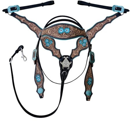 Majestic Ally Tooled Western-Halfter und Brusthalsband-Set aus Leder, handgefertigt, klassische Westernzaumzeug, mehrere Stile und Designs (1019-BLK, Full)