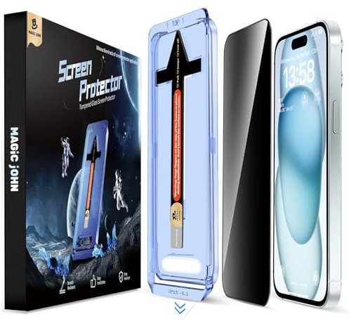 MAGIC JOHN 2 Pack for iPhone 15 6.1 inch Privacy Glass Screen Protector, Auto Dust-Elimination Installation, Bubble Free, Easy Installation Anti-Scratch