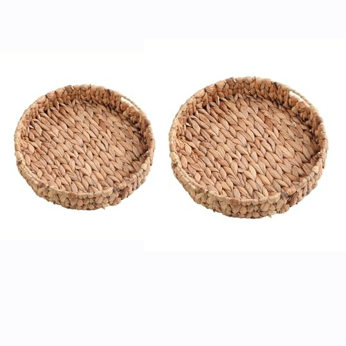 Tablett geflochten Seegras Wasserhyazinthe Durchmesser Obstschale Geflochtener Aufbewahrungskorb Natürliche Picknickkorb Organizer Weben Runde Ablage Brotkorb üchenschränke (A,28+33cm)