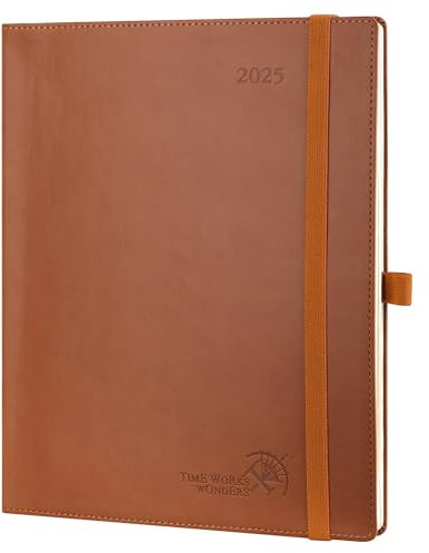 POPRUN Kalender 2025 Wochenplaner Softcover mit PU-Leder, ca. A4 (26,5 x 21,5 cm), 12-Monate-Terminplaner (Jan.2025-Dez.2025) 1 Woche 2 Seite mit 100 GSM Zertifiziertem Papier - Braun