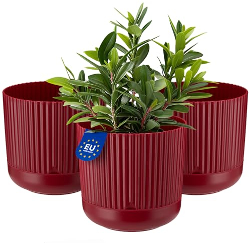 KONZEPT 3er Set Blumentöpfe mit Untersetzer, 16 cm Durchmesser, Übertopf in Weinrot, 2,4 L, Pflanzentopf Geriffelt aus Kunstoff