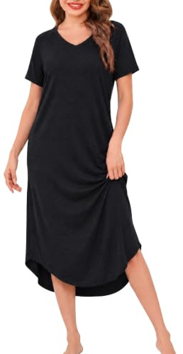 Nieery Nightdress for Women Short Sleeved V Neck with Pockets Black