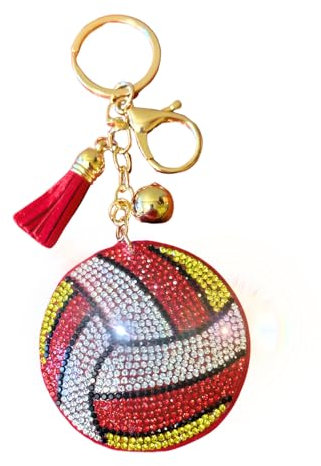 Popfizzy Porte-clés en strass pour femmes et filles, breloques de sac à main, cadeaux d'anniversaire pour elle, porte-clés de sac à dos, breloques de sac à dos, Ballon de volleyball rouge/argenté