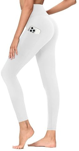 TNNZEET Leggings Damen High Waist mit Taschen Sporthose Blickdicht Sportleggins Lang Weiche Yogahose Elastische Hosen Sport Gym Laufhose(Weiß,L-XL)