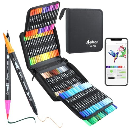AEDAGA 100 Numbered Dual Tip Colouring Pens with Free App,Felt Tip Pens for Adult Colouring Books, Dual Tip Brush Pens Art Supplies for Calligraphy Drawing Sketching Journaling Painting