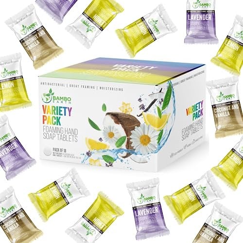 18 Pack Natural Foaming Hand Soap Tablets - Soft Moisturizing Handwash Tab Refills - 1 Tablet = 9 Oz Refillable Liquid Wash Foam Handsoap - Eco-Friendly Paper Softsoap Refill Tabs (Variety Pack)